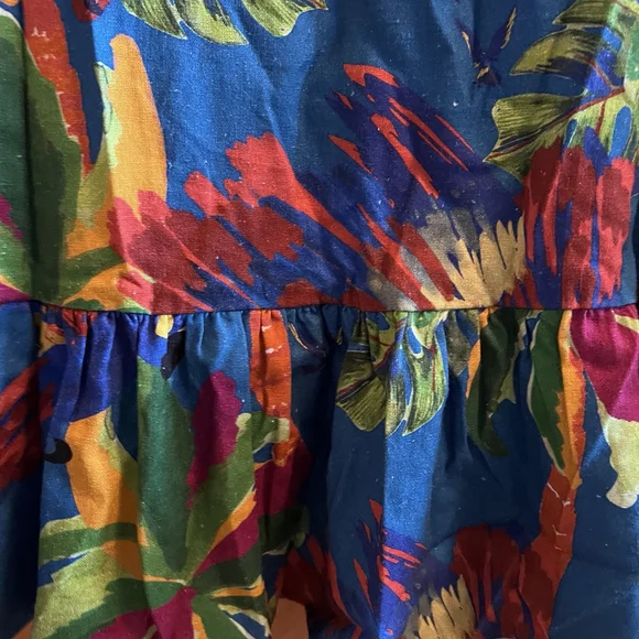 House of Harlow 1960 Large Tropical Parrot Linen Midi Dress Puff Sleeve Blue - Picture 8 of 11